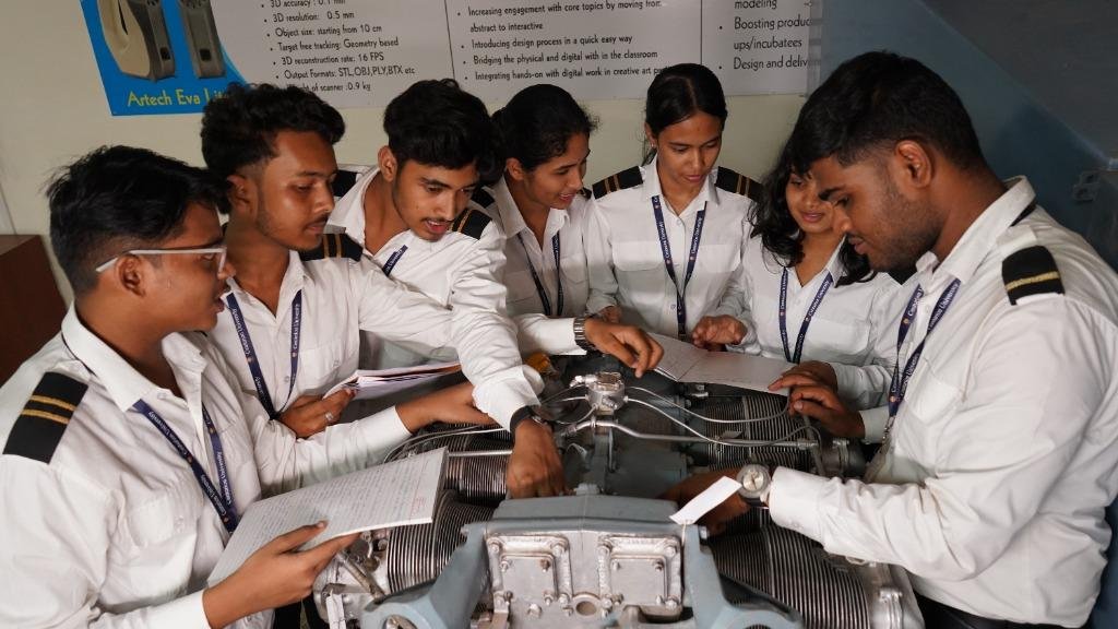 Students inspecting aircraft radial engine